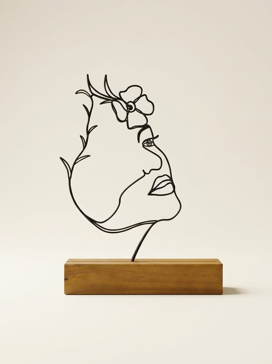 Escultura Aramada Rosto Sereno & Flor Superior