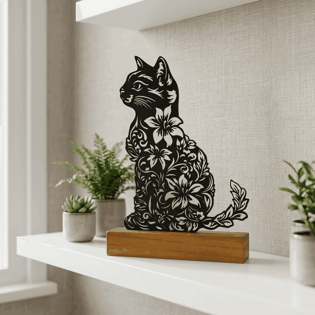 Escultura Silhueta Gato Floral foto 3